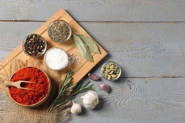 Gri ahşap masadaki farklı aromatik baharatlar. Metin için boşluk