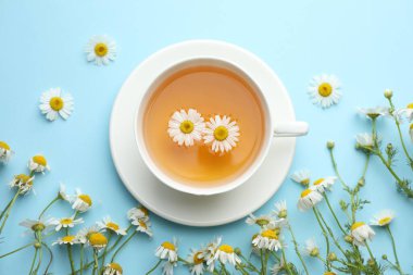 Lezzetli papatya çayı ve çiçekler açık mavi arka planda, düz yerde