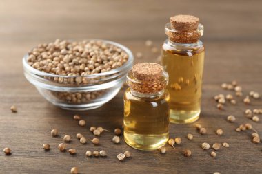 Şişe içinde Aromatik yağ, kişniş yaprakları ve ahşap masa üzerinde kişniş tohumları, yakın çekim