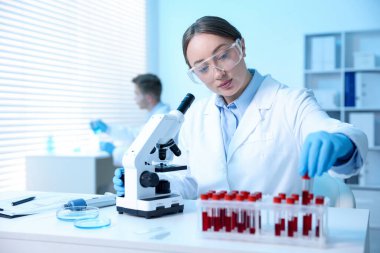 Tıbbi analiz. Laboratuvarda kan örneğiyle çalışan bir bilim adamı.