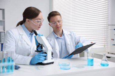 Tıbbi analiz. Laboratuvarda mikroskopla çalışan bilim adamları