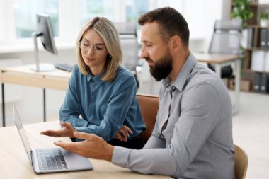 Ofiste dizüstü bilgisayarla çalışan iş ortakları