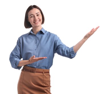 Portrait of hostess in uniform on white background