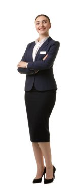 Portrait of hostess in uniform on white background