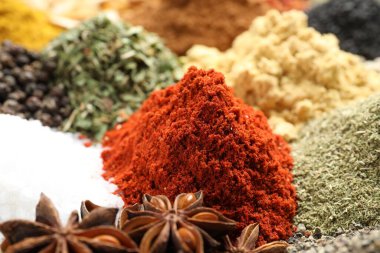 Arkaplan olarak birçok farklı baharat, yakın görünüm