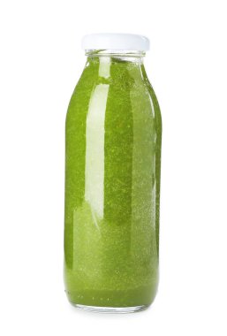 Süper yemek. Cam şişedeki lezzetli smoothie beyaza izole edilmiş.