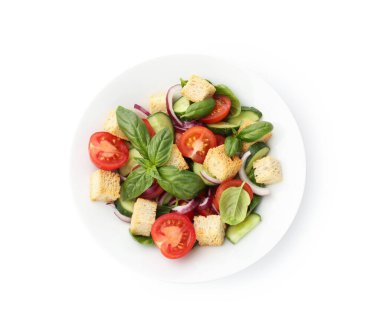 Ekmek arası salata, sebze ve fesleğen, beyaz üzerine izole edilmiş.