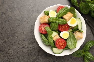 Lezzetli salata, kızarmış ekmek, domates, salatalık ve fesleğen. Metin için boşluk