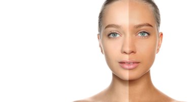 Bronzlaşmadan önce ve sonra. Beyaz arka planda ikiye bölünmüş kadın fotoğrafı. Metin için alanı olan pankart tasarımı