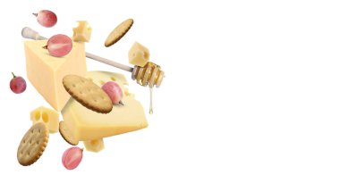 Peynir ürünleri beyaz arka planda havada. Farklı peynir, üzüm, kraker ve bal çeşitleri.