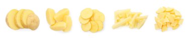 Beyaza izole edilmiş taze patates dilimleri. Farklı kesim türleri