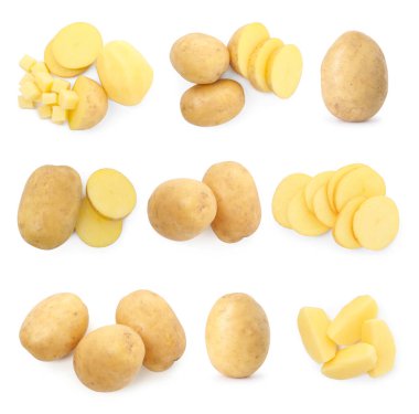 Beyaza izole edilmiş taze çiğ patates. Tam ve dilimlenmiş.