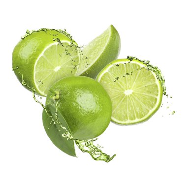 Taze limon ve içecek beyaz arka planda havaya sıçrıyor.