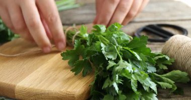 Bir grup taze maydanozu ahşap masada sicimle bağlayan kadın.