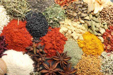 Arka plan, üstten görünüm olarak farklı Aromatik baharatlar