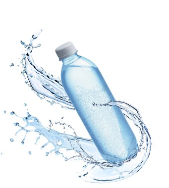 Soda şişede ve beyaz arka plana sıçrıyor.