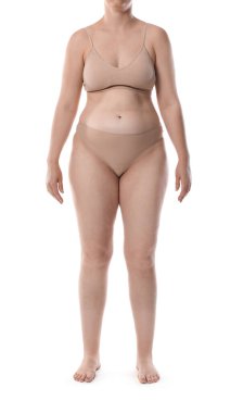 Yağ aldırma. Beyaz arka planda iç çamaşırlı kadın, yakın plan.