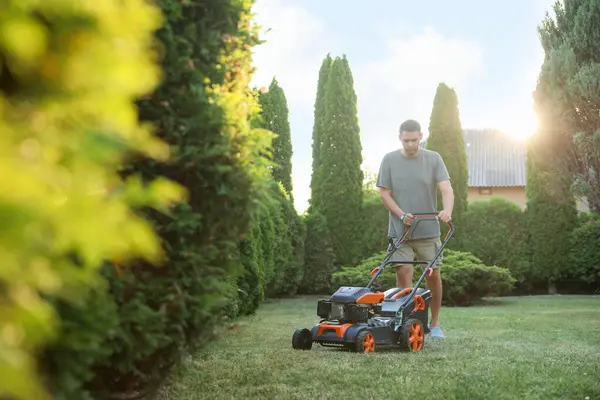 Bahçede çim biçme makinesiyle yeşil çim biçen bir adam