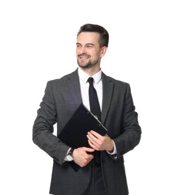 Beyaz arka planda panosu olan profesyonel psikolog.