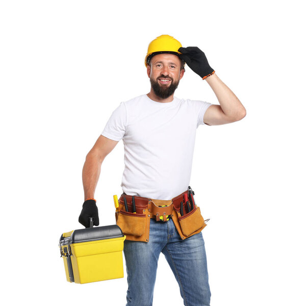 Professional repairman with tool box on white background