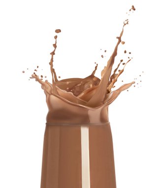 Çikolatalı süt beyaz arka planda bardağa sıçrıyor.