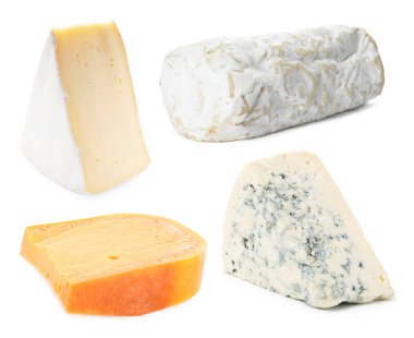 Beyazlar üzerinde izole edilmiş farklı peynir çeşitleri.