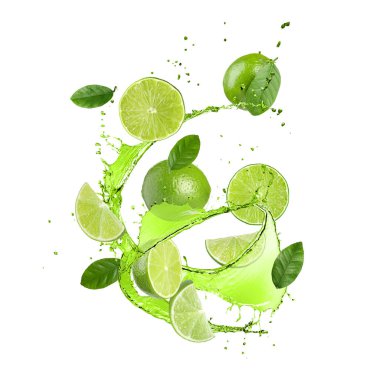 Taze limonlar, yapraklar ve içecekler beyaz arka plana sıçrıyor.