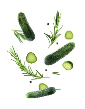 Beyaz arka plana düşen taze salatalıklar, biberiye ve biber taneleri.