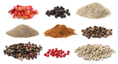 Farklı biber türleri, set. Beyazda izole edilmiş baharatlar