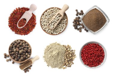 Farklı biber türleri, set. Beyaz üzerine izole baharatlar, üst görünüm