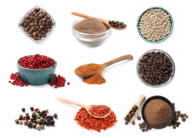 Farklı biber türleri, set. Beyazda izole edilmiş baharatlar