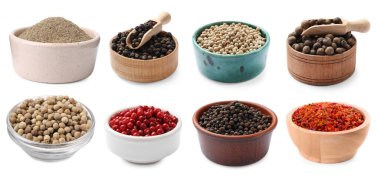 Farklı biber türleri, set. Beyazda izole edilmiş baharatlar