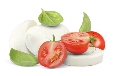Taze mozzarella, domates ve fesleğen beyaza izole edilmiş.