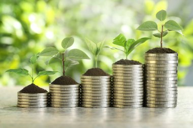 Tasarruf kavramı. Masada lahanaları olan bozuk paralar.