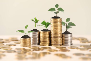 Tasarruf kavramı. Masada lahanaları olan bozuk paralar.