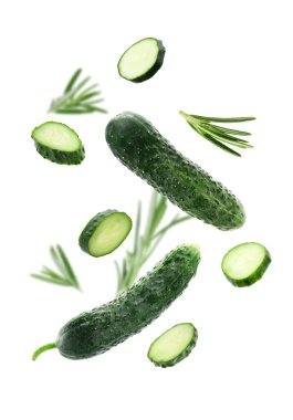 Beyaz arka plana düşen taze salatalıklar ve biberiye.