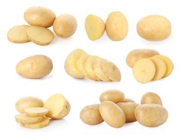 Beyaza izole edilmiş taze çiğ patates. Tam ve dilimlenmiş.