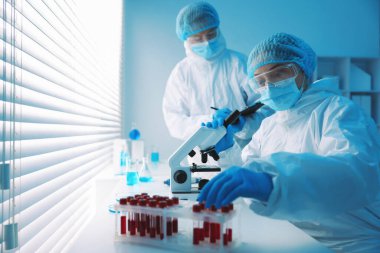 Tıbbi analiz. Laboratuvarda numuneyle çalışan iki bilim adamı.