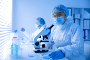 Tıbbi analiz. Laboratuvarda numunelerle çalışan bilim adamları, seçici odaklanma