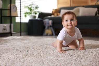Evdeki halıda emekleyen şirin küçük bebek, mesaj için yer var.