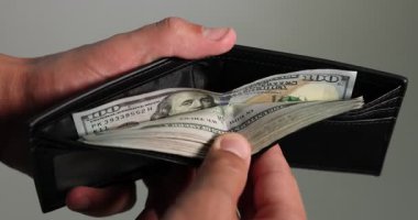 Gri arka planda cüzdandaki dolarları sayan adam, yakın plan.