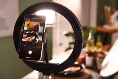 Stüdyoda lezzetli kızarmış balık ve akıllı telefonlu malzemeler çekmek, seçici odaklanma. Profesyonel yemek fotoğrafçılığı.