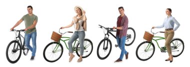 Beyaz arka planda bisikletleri olan erkek ve kadın, fotoğraf kolajı
