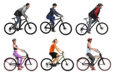 Beyaz arka planda bisiklete binen insanlar, fotoğraf kolajı
