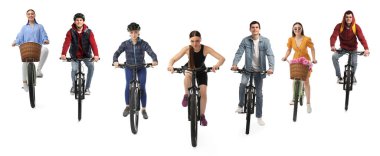 Beyaz arka planda bisiklete binen insanlar, fotoğraf kolajı