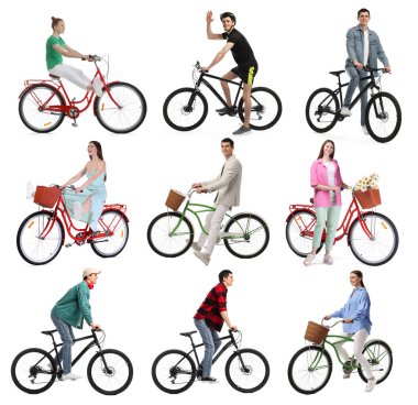 Beyaz arka planda bisikletli insanlar, fotoğraf kolajı