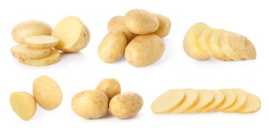 Beyaza izole edilmiş taze çiğ patates. Tam ve dilimlenmiş.