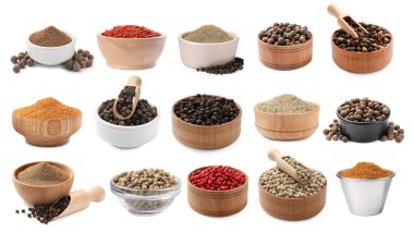 Farklı biber türleri, set. Beyazda izole edilmiş baharatlar