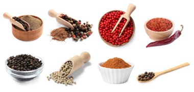 Farklı biber türleri, set. Beyazda izole edilmiş baharatlar