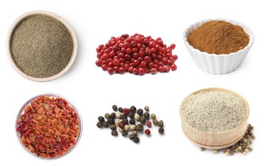 Farklı biber türleri, set. Beyazda izole edilmiş baharatlar